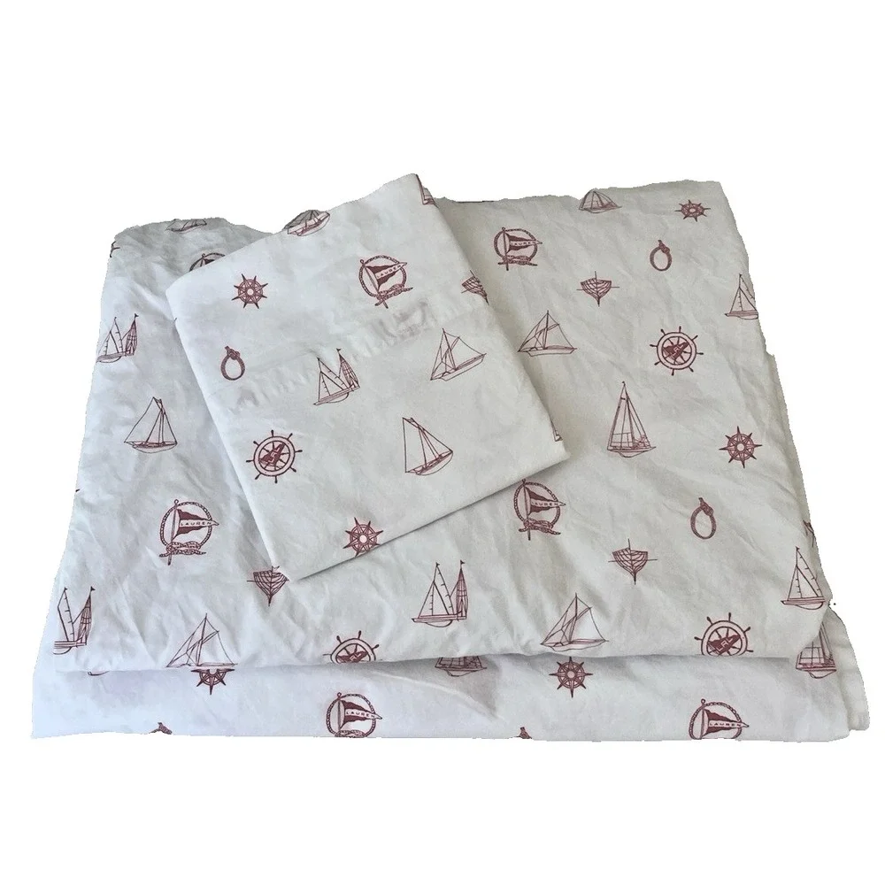 Ralph Lauren Red White Sailboat Nautical 3 Pc TWIN Sheet Set‎ Flat Fitted Case